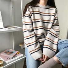 Load image into Gallery viewer, Autumn O-Neck Pullover Women Soft Sweaters Chic Daily Tops Sweet Student Striped Harajuku Women Pullover Knitted Loose Tops