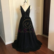 Load image into Gallery viewer, Beading Prom Dresses 2020 Plus Size Pink High Split Tulle Sweep Train Sleeveless Evening Gown A-line Lace Up Backless Vestido De