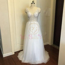 Load image into Gallery viewer, Beading Prom Dresses 2020 Plus Size Pink High Split Tulle Sweep Train Sleeveless Evening Gown A-line Lace Up Backless Vestido De