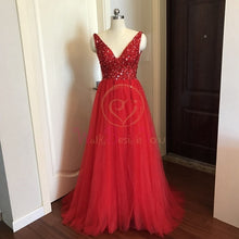 Load image into Gallery viewer, Beading Prom Dresses 2020 Plus Size Pink High Split Tulle Sweep Train Sleeveless Evening Gown A-line Lace Up Backless Vestido De