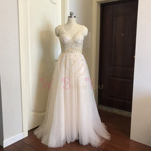 Load image into Gallery viewer, Beading Prom Dresses 2020 Plus Size Pink High Split Tulle Sweep Train Sleeveless Evening Gown A-line Lace Up Backless Vestido De