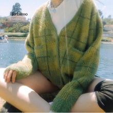 Load image into Gallery viewer, New Vintage Plaid Green Plush Knitted Cardigans V-Neck Loose Sweaters Autumn Winter Clothes Sweater Women