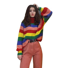 Load image into Gallery viewer, Women's Rainbow Sweater Turtleneck Colorful Striped Long Sleeve Pullover Tops Autumn 2020 Chic Casual Loose Streetwear Sweaters