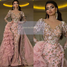 Load image into Gallery viewer, African Pink Luxury V-Neck Mermaid Evening Dress Removable Skirt Floor-Length Applique Beaded Sequins Prom Dress 2020 Dubai