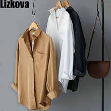 Load image into Gallery viewer, Lizkova White Blouse Women Suede Long Sleeve Formal Shirt 2020 Autumn Lapel Ladies Blouse Streetwear 8866