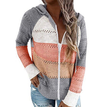 Load image into Gallery viewer, New Women Hooded Cardigans Sweater With Zipper Striped Thin Tops Loose Knitted Hollow Out Coats Autumn Knitwear Outwear Fashion