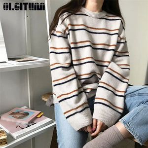 Autumn O-Neck Pullover Women Soft Sweaters Chic Daily Tops Sweet Student Striped Harajuku Women Pullover Knitted Loose Tops