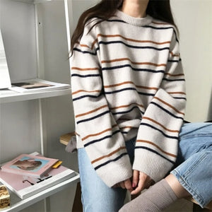 Autumn O-Neck Pullover Women Soft Sweaters Chic Daily Tops Sweet Student Striped Harajuku Women Pullover Knitted Loose Tops