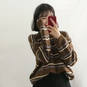 Autumn O-Neck Pullover Women Soft Sweaters Chic Daily Tops Sweet Student Striped Harajuku Women Pullover Knitted Loose Tops