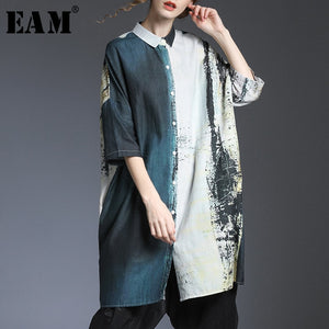 [EAM] Women Pattern Printed Linen Big Size Blouse New Lapel Long Sleeve Loose Fit Shirt Fashion Tide Spring Autumn 2020 1T415