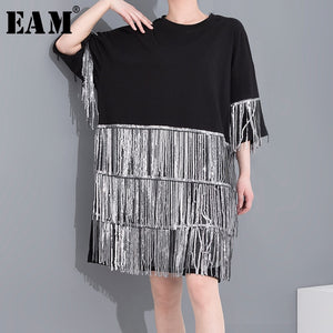 [EAM] Women Rhinestone Tassels Big Size Dress New Round Neck Three-quarter Sleeve Loose Fit Fashion Spring Summer 2020 1T97001