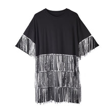 Load image into Gallery viewer, [EAM] Women Rhinestone Tassels Big Size Dress New Round Neck Three-quarter Sleeve Loose Fit Fashion Spring Summer 2020 1T97001
