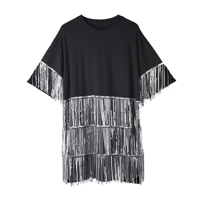 [EAM] Women Rhinestone Tassels Big Size Dress New Round Neck Three-quarter Sleeve Loose Fit Fashion Spring Summer 2020 1T97001