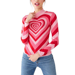 New Spring Women patchwork Pink Heart Sweet sweater Ladies half high neck Slim sweater long sleeve Pink Love knitted Pullovers