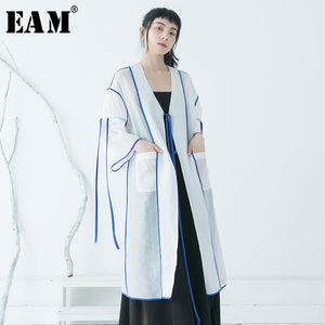 [EAM] Women White Ribbon Perspective Big Size Blouse New V-collar Long Sleeve Loose Fit Shirt Fashion Spring Summer 2020 1T567