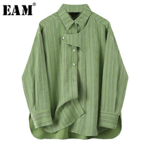 Load image into Gallery viewer, [EAM] Women Green Striped Split Joint Big Size Blouse New Lapel Long Sleeve Loose Fit Shirt Fashion Spring Autumn 2020 1U348
