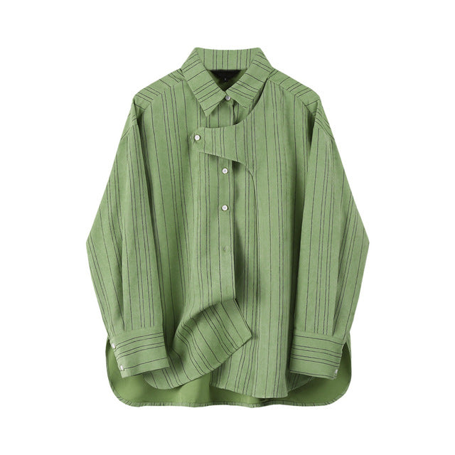 [EAM] Women Green Striped Split Joint Big Size Blouse New Lapel Long Sleeve Loose Fit Shirt Fashion Spring Autumn 2020 1U348