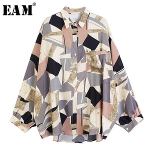 [EAM] Women Blue Pattern Printed Big Size Blouse New Lapel Long Sleeve Loose Fit Shirt Fashion Tide Spring Summer 2020 1U400