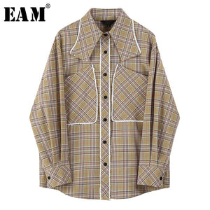 [EAM] Women Khaki Plaid Printed Big Size Blouse New Lapel Long Sleeve Loose Fit Shirt Fashion Tide Spring Autumn 2020 1U349