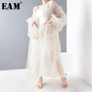 [EAM] Women Beige Dot Printed Mesh Perspective Big Size Blouse New Long Sleeve Loose Fit Shirt Fashion Spring Summer 2020 WE923