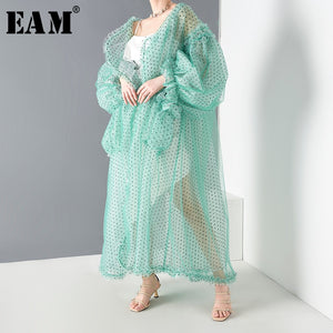 [EAM] Women Green Mesh Perspective Long Big Size Blouse New Long Sleeve Loose Fit Shirt Fashion Spring Summer 2020 JF39406