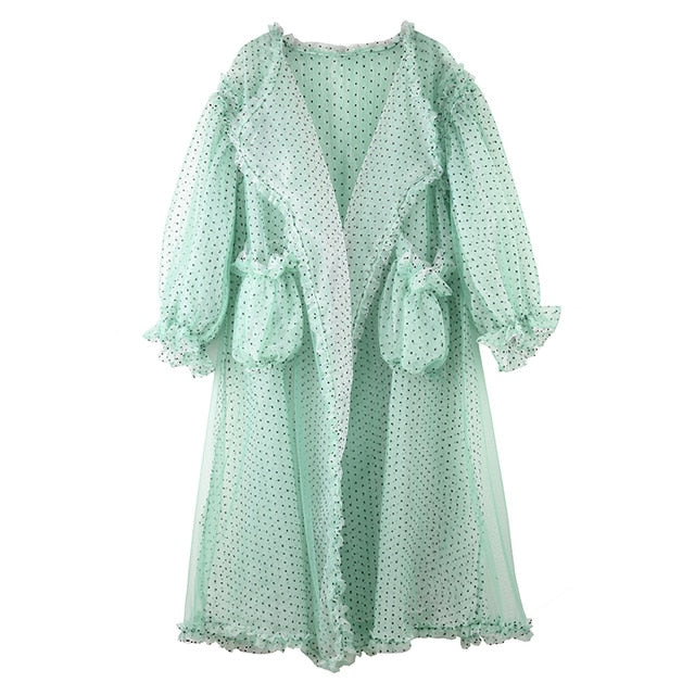 [EAM] Women Green Mesh Perspective Long Big Size Blouse New Long Sleeve Loose Fit Shirt Fashion Spring Summer 2020 JF39406