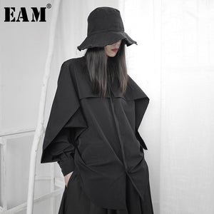 [EAM] Women Black Ruffles Stitch Big Size Blouse New Lapel Long Sleeve Loose Fit Shirt Fashion Tide Spring Autumn 2020 1S235