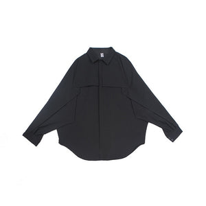 [EAM] Women Black Ruffles Stitch Big Size Blouse New Lapel Long Sleeve Loose Fit Shirt Fashion Tide Spring Autumn 2020 1S235