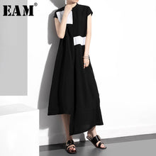 Load image into Gallery viewer, [EAM] Women Black Contrast Color Split Black Long Dress New Stand Collar Sleeveless Loose Fit Fashion Spring Summer 2020 1T360
