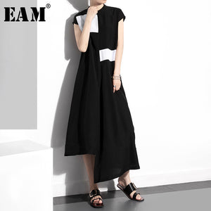 [EAM] Women Black Contrast Color Split Black Long Dress New Stand Collar Sleeveless Loose Fit Fashion Spring Summer 2020 1T360