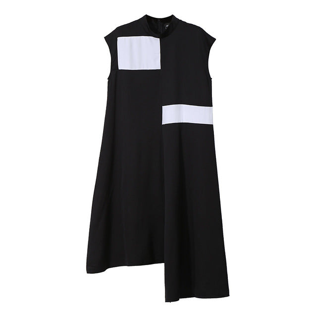 [EAM] Women Black Contrast Color Split Black Long Dress New Stand Collar Sleeveless Loose Fit Fashion Spring Summer 2020 1T360