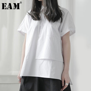 [EAM] Women Black Asymmetrical Big Size Blouse New Lapel Short Sleeve Loose Fit Shirt Fashion Tide Spring Summer 2020 1T537