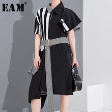 Load image into Gallery viewer, [EAM] Women Black Striped Plaid Big Size Shirt Dress New Lapel Short Sleeve Loose Fit Fashion Tide Spring Summer 2020 1T34501
