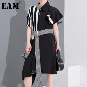 [EAM] Women Black Striped Plaid Big Size Shirt Dress New Lapel Short Sleeve Loose Fit Fashion Tide Spring Summer 2020 1T34501