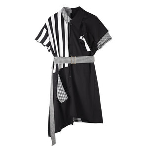 [EAM] Women Black Striped Plaid Big Size Shirt Dress New Lapel Short Sleeve Loose Fit Fashion Tide Spring Summer 2020 1T34501