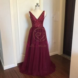 Beading Prom Dresses 2020 Plus Size Pink High Split Tulle Sweep Train Sleeveless Evening Gown A-line Lace Up Backless Vestido De