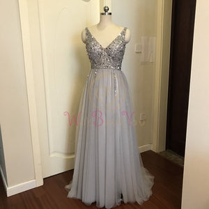 Beading Prom Dresses 2020 Plus Size Pink High Split Tulle Sweep Train Sleeveless Evening Gown A-line Lace Up Backless Vestido De