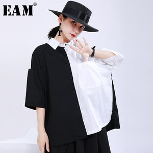 [EAM] Women White Black Split Big Size Blouse New Lapel Half Sleeve Loose Fit Shirt Fashion Tide Spring Summer 2020 1U181