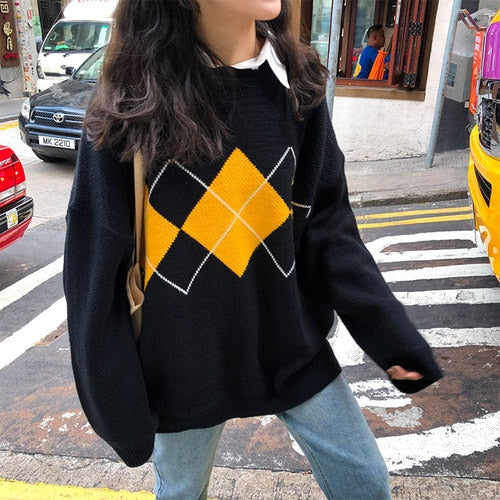 Geometric Pattern Fashion Basic Hit Casual Regular 2019 Female Women Long Sleeve All Match College Wind Hit Hot Sale Sweaters