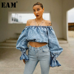 [EAM] Women Blue Denim Short Blouse New Slash Neck Lantern Sleeve Loose Fit Shirt Fashion Tide Spring Summer 2020 1T540