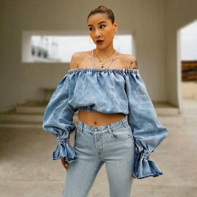 [EAM] Women Blue Denim Short Blouse New Slash Neck Lantern Sleeve Loose Fit Shirt Fashion Tide Spring Summer 2020 1T540