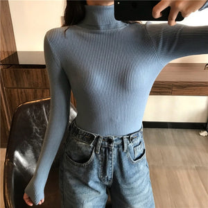 2020 Autumn Winter Thick Sweater Women Knitted Ribbed Pullover Sweater Long Sleeve Turtleneck Slim Jumper Soft Warm Pull Femme