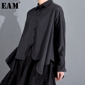 [EAM] Women Black Irregular Big Size Blouse New Lapel Long Sleeve Loose Fit Shirt Fashion Tide Spring Summer 2020 JO19501