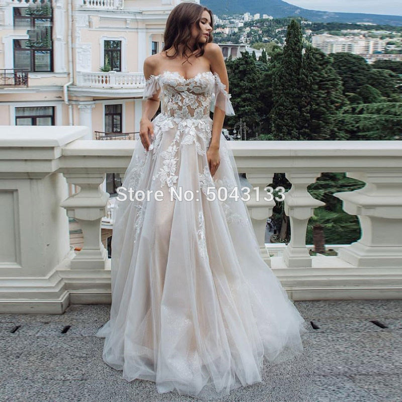 Sexy Sweetheart Lace Appliques A Line Wedding Dresses Chic Off Shoulder Tulle Sleeveless Wedding Gowns Formal Bride Dress 2020