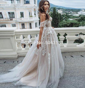 Sexy Sweetheart Lace Appliques A Line Wedding Dresses Chic Off Shoulder Tulle Sleeveless Wedding Gowns Formal Bride Dress 2020