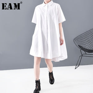 [EAM] Women Brief Big Hemline Big Size Blouse New Lapel Half Sleeve Loose Fit Shirt Fashion Tide Spring Summer 2020 1T826