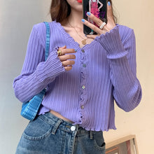 Load image into Gallery viewer, Women V-Neck Knitted Casual Ruched Short Sweaters Cardigans Lady Knitting Soft Thin Summer Cardigan Outwear for Female
