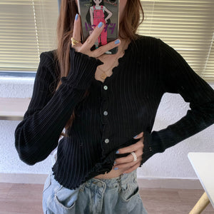 Women V-Neck Knitted Casual Ruched Short Sweaters Cardigans Lady Knitting Soft Thin Summer Cardigan Outwear for Female