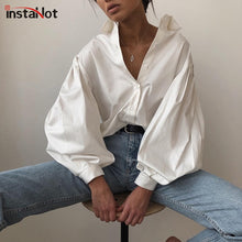 Load image into Gallery viewer, InstaHot Lantern Sleeve Elegant Shirt White Black Sexy Button Vintage Blouse Turn Down Collar Office Ladies Shirt Female Casual
