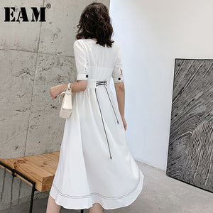 [EAM] Women White Back Bandage Elegant Long Dress New V-Neck Half Sleeve Loose Fit Fashion Tide Spring Summer 2020 1W518